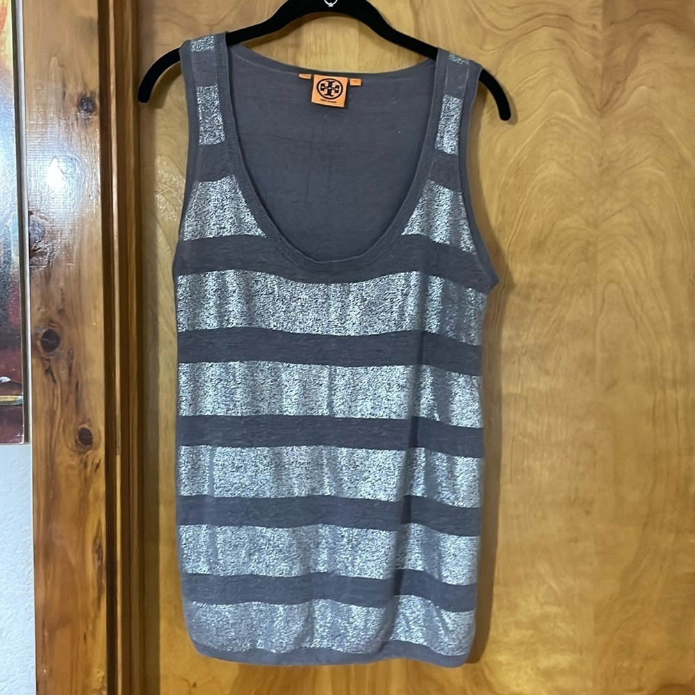 Tory Burch gray and silver linen blend tank. Large